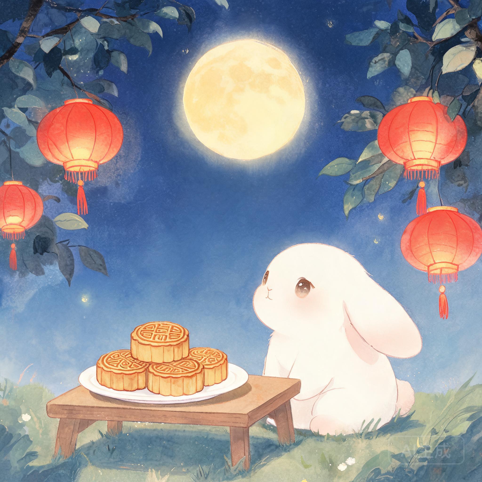 Mid-Autumn Festival pack cover with a full moon, jade rabbit, lanterns, and mooncakes